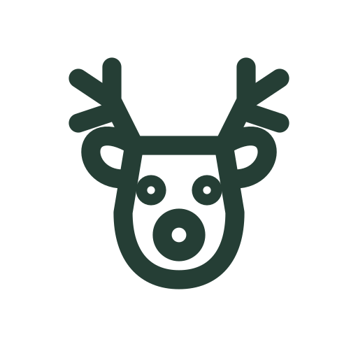 A Christmas reindeer with branching antlers and a round nose tilts playfully on holiday cards.