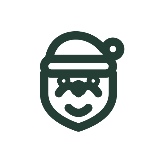 A smiling Santa face with a round nose, curled moustache and beard bounces for Christmas greetings.