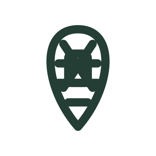 A woven snowshoe with a small binding draws into view for winter hiking and outdoor equipment.